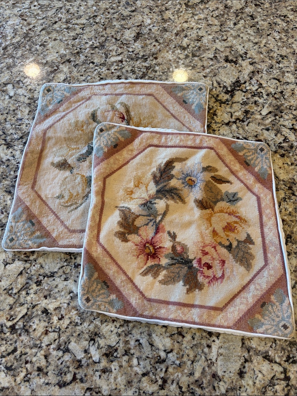 Vintage Hand Stitched Needlepoint Pillow Covers/Sham Pair 16x16 Cottagecore